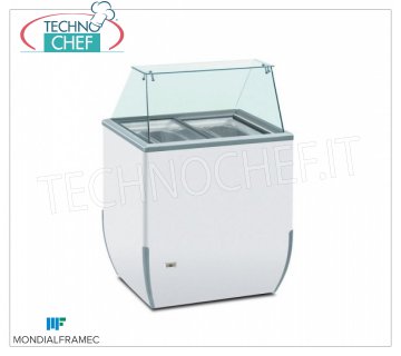 MONDIAL FRAMEC - Vitrine pour crème glacée à la crème, lt.170, Mod.BRIOICE4SK Vitrine pour crème glacée à la crème, MONDIAL FRAMEC, capacité 170 litres, température -18 ° / -25 ° C, statique avec évaporateur enroulé sur le réservoir, V. 230/1, Kw 0,15, Poids 47 Kg, dim.mm.780x640x1181h