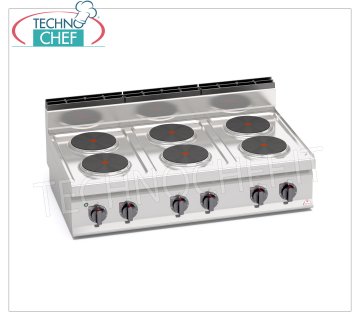 TECHNOCHEF - CUISINIÈRE ÉLECTRIQUE 6 PLAQUES SUPÉRIEURES, Kw.15,6, Mod.E7P6B CUISINIÈRE ÉLECTRIQUE 6 PLAQUES SUPÉRIEURES, BERTOS, ligne MACROS 700, Série HIGH POWER, avec 6 plaques RONDES Ø 220 mm, COMMANDES INDÉPENDANTES, 6 niveaux de puissance, V.400/3+N, Kw.15,6 Poids 58 Kg, dim .mm. 1200x700x290h