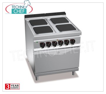 TECHNOCHEF - CUISINIÈRE ÉLECTRIQUE À 4 PLAQUES AU FOUR ÉLECTRIQUE GN 2/1, mod. E9PQ4 + FE GAMME ELECTRIQUE 4 PLAQUES AU FOUR ELECTRIQUE GN 2/1, Ligne BERTOS MAXIMA 900, Série HAUTE PUISSANCE, avec 4 plaques QUADRE 300x300 mm, COMMANDES INDÉPENDANTES, 6 niveaux de puissance, V.400 / 3 + N, Totale Kw 21, 5, Poids 138 kg, dim.mm.800x900x900h