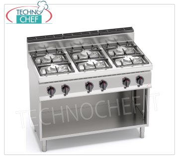 TECHNOCHEF - CUISINIÈRE GAZ 6 FEUX sur ARMOIRE OUVERTE, Kw.33,5, Mod.G7F6MPW CUISINIÈRE À GAZ 6 FEUX sur ARMOIRE OUVERTE, BERTO'S, Ligne MACROS 700, Série ECO POWER, puissance thermique Kw.33,5, Poids 90 Kg, dim.mm.1200x700x900h