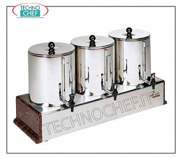 Producteurs d'eau chaude pour les boissons Bain-marie contenant 5 + 5 + 5 l - 75 tasses de 200 cc. Composé de 3 cont. 5 l de bain-marie complètement indépendant, V 230/1, Kw 2,7, mm 700x390x513 h, poids Kg 17.