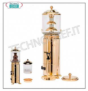 Distributeurs de boissons chaudes pour le petit déjeuner Chocolatière fontaine dorée en acier inoxydable 18/10 avec dorure, équipée d'un système bain-marie. Production horaire 110 tasses, Kw 0,9, V 230/1, dimensions (cm) : 29,6x39x65,2