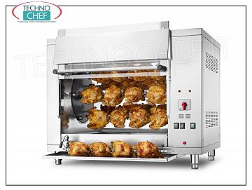 ROTISSERIE PLANÉTAIRE ÉLECTRIQUE à 5 CANNES pour 20 POULETS, Plan de travail ROTISSERIE PLANÉTAIRE ÉLECTRIQUE en ACIER INOXYDABLE avec 5 VENTES pour 20 POULETS, équipé d'une lumière interne de 708 mm de long, poids 108 kg, V.400 / 3 + N. kw 7,3, dimensions mm 1008x660x790h