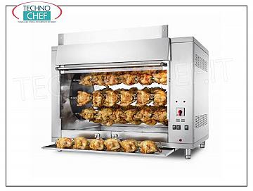 ROTISSERIE PLANÉTAIRE ÉLECTRIQUE à 8 CANNES pour 48 POULETS, Plan de travail ROTISSERIE PLANÉTAIRE ÉLECTRIQUE en ACIER INOXYDABLE avec 8 VENTES pour 48 POULETS, équipé d'un éclairage intérieur de 1000 mm de long, poids 175 kg, V.400 / 3 + N. kw 9,5, dimensions mm 1300x800x930h