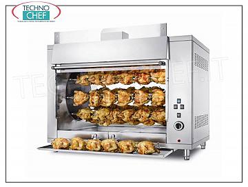 ROTISSERIE PLANÉTAIRE À GAZ avec 8 CANNES pour 48 POULETS, Plan de travail GAS PLANETARY ROTISSERIE en ACIER INOXYDABLE avec 8 ENCHÈRES pour 48 POULETS, équipé d'une lumière interne de 1000 mm de long, poids 180 kg, Puissance thermique 13,5 kw, V.230 / 1, kw 0,18, dimensions 1300x800x980h mm