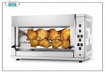 ROTISSERIE ÉLECTRIQUE avec 3 TIGES superposées pour 12 POULETS Plan de travail ROTISSERIE ÉLECTRIQUE en ACIER INOXYDABLE avec 3 AUCTIONS simples à chevauchement pour 12 POULETS, équipé d'une lumière interne de 720 mm de long, poids 48 kg, V.230 / 1, kw 5,0, dimensions 880x430x710h mm