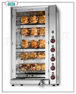 ROTISSERIE ÉLECTRIQUE avec 5 CANNES Chevauchement Indépendantes pour 15 POULETS ROTISSERIE ÉLECTRIQUE avec 5 CANNES EMPILABLES INDÉPENDANTES pour 15 POULETS, possibilité de CHARGE PARTIELLE, fermée par 2 portes vitrées, poids kg 70, V. 400/3 + N, kw 8,3, dimensions cm 70,5x45x125h