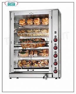 ROTISSERIE ÉLECTRIQUE avec 5 ARBRE INDÉPENDANT se chevauchant pour 20 POULETS ROTISSERIE ÉLECTRIQUE avec 5 TIGES Pelle à chevauchement avec contrôle indépendant pour 20 POULETS, possibilité de CHARGE PARTIELLE, fermée par 2 portes vitrées, poids kg 88, V. 400/3 + N, kw 10,7, dimensions cm 88x45x125h