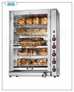 ROTISSERIE ÉLECTRIQUE avec 5 CANNES superposées indépendantes pour 30 POULETS ROTISSERIE ÉLECTRIQUE avec 5 ENCHÈRES à chevauchement indépendantes simples pour 30 POULETS, possibilité de CHARGE PARTIELLE, Fermée avec 2 portes vitrées, poids kg 113, V. 400/3 + N, kw 15, dimensions 116x45x125h cm