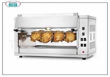 ROTISSERIE ÉLECTRIQUE avec 2 TIGES superposées pour 6 POULETS Plan de travail ROTISSERIE ÉLECTRIQUE en ACIER INOXYDABLE avec mouvement avec 2 TIGES superposées simples pour 6 POULETS, équipé d'une lumière interne de 550 mm de long, poids 31 kg, V.230 / 1. kw 2,8, dimensions mm 700x360x450h