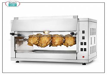 ROTISSERIE ÉLECTRIQUE avec 2 ENCHÈRES superposées pour 8 POULETS Plan de travail ROTISSERIE ÉLECTRIQUE en ACIER INOXYDABLE avec 2 AUCTIONS simples superposées pour 8 POULETS, équipé d'une lumière interne de 720 mm de long, poids 41 kg, V.230 / 1, kw 3,5, dimensions 880x430x530h mm