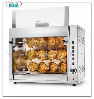 GAS ROTISSERIE avec 3 TIGES superposées pour 12 POULETS Plan de travail GAS ROTISSERIE en ACIER INOXYDABLE avec 3 AUCTIONS simples superposées pour 12 POULETS, équipé d'une lumière interne de 720 mm de long, poids 67 kg, dimensions 900x510x780h mm