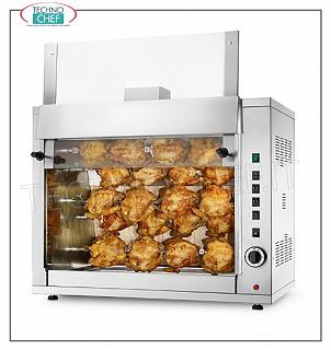 GAS ROTISSERIE avec 5 TIGES superposées pour 20 POULETS Plan de travail GAS ROTISSERIE en ACIER INOXYDABLE avec 5 TIGES simples superposées pour 20 POULETS, équipé d'une lumière interne de 720 mm de long, poids 81 kg, dimensions 900x510x780h mm