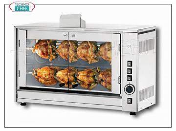 GAS ROTISSERIE avec 2 TIGES superposées pour 8 POULETS Comptoir GAS ROTISSERIE en ACIER INOXYDABLE avec 2 ENCHÈRES à chevauchement simple pour 8 POULETS, équipé d'une lumière interne de 720 mm de long, poids 55 kg, dimensions 880x430x530h mm