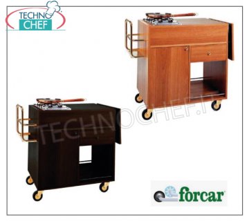 Forcar - CHARIOT FLAMBE 'WENGE color', 2 Brûleurs, Mod.CF1201W Chariot Flambe 'en bois mélaminé WENGE, avec 2 BRÛLEURS, porte-bouteilles, rabat latéral, compartiment sous-jacent avec porte battante, 1 tiroir et étagère inférieure, dim.mm.1050x580x850h