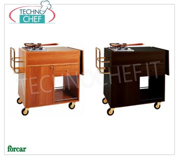 Forcar - FLAMBE TROLLEY avec 2 feux séparés, couleur noyer, Mod.1202 Chariot à flambeaux en mélaminé WALNUT, avec 2 BRÛLEURS, porte-bouteilles, rabat latéral, compartiment inférieur avec porte à charnière, 1 tiroir et étagère inférieure, dim.mm.1050x580x850h