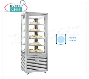 TECHNOCHEF - Vitrine Réfrigérée pour Pâtisserie, Température + 5 ° -20 ° C, 1 Porte, Lt 427, Mod.CGL450R2T Vitrine multi-températures de + 5 ° à -20 ° C pour pâtisserie 1 porte, réfrigération ventilée, Curve Line, avec 4 côtés d'affichage, 5 étagères en verre rotatives Ø 452, capacité 427 lt, V.230 / 1, Kw.0.54 , Poids 186 Kg, dim.mm.720x620x1860h