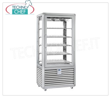 TECHNOCHEF - Vitrine Réfrigérée pour Pâtisserie, Température + 5 ° -20 ° C, 1 Porte, Lt 541, Mod.CGL600G2T Vitrine multi-températures de + 5 ° à -20 ° C pour pâtisserie 1 porte, réfrigération ventilée, Curve Line, avec 4 côtés d'affichage, 5 étagères rectangulaires 747x445 mm, capacité 541 lt, V.230 / 1, Kw.0.85, Poids 205 Kg, dim.mm.900x620x1860h