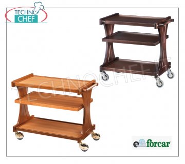 Chariots de service en bois Chariot de service en contreplaqué teinté NOYER, marque FORCAR, 3 étagères en stratifié, dossiers porteurs monocorps, 4 roues multidirectionnelles, dim.mm.860x550x850h