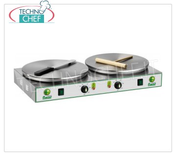 Technochef - Crêpière électrique professionnelle, 2 plaques en fonte Ø 350 mm, Mod.CRP2N TABLE ELECTRIQUE CREPE avec 2 PLAQUES DE CUISSON EN FONTE ET DIAMÈTRE DE SURFACE MULTI-LIGNE ANTIDÉRAPANT 350 MM, contrôle thermostatique de la température de cuisson, V.400 / 3 + N, Kw. 2,4 + 2,4, poids 23 Kg, dimensions extérieures mm.760x370x140h.