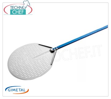 Gi.Metal - Pelle à pizza ronde en aluminium perforé, Blue Line, longueur du manche 30 cm Pelle à pizza ronde perforée en alliage d'aluminium, Ligne Azzurra, légère, flexible et résistante, diamètre 300 mm, longueur du manche 300 mm.