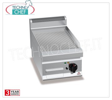 GRILLADE ÉLECTRIQUE avec PLAQUE RAINURÉE en MULTIPAN, modèle E7FR4BP GRILLADE ÉLECTRIQUE avec PLAQUE RAINURÉE, Ligne BERTOS, MACROS 700, Série POWERED MULTIPAN, 1 module TOP avec ZONE DE CUISSON 395x500 mm, V.400/3+N, Kw.4,8, Poids 37 Kg, dim.mm.400x700x290h
