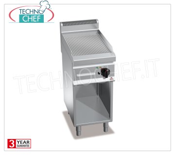 FRY TOP ÉLECTRIQUE avec PLAQUE CÔTELÉE en MULTIPAN sur ARMOIRE OUVERTE, Mod.E7FR4MP GRILLADE ÉLECTRIQUE avec PLAQUE RAINURÉE, Ligne BERTOS, MACROS 700, Série POWERED MULTIPAN, 1 module sur COMPARTIMENT OUVERT avec ZONE DE CUISSON mm 395x500, V.400/3+N, Kw.4,8, Poids 48 Kg, dim. mm.400x700x900h