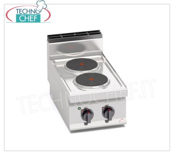 TECHNOCHEF - CUISINIÈRE ÉLECTRIQUE 2 PLAQUES SUPÉRIEURES, Kw.5,2, Mod.E7P2B BERTOS, CUISINIÈRE ÉLECTRIQUE À 2 PLAQUES, Ligne MACROS 700, Série HIGH POWER, avec 2 plaques RONDES Ø 220 mm, COMMANDES INDÉPENDANTES, 6 niveaux de puissance, V.400/3+N, Kw.5,2, Poids 24 Kg, dim. mm.400x700x290h