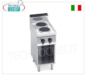 TECHNOCHEF - CUISINIÈRE ÉLECTRIQUE 2 PLAQUES sur ARMOIRE OUVERTe, 5,2 Kw, Mod.E7P2M CUISINIÈRE ÉLECTRIQUE 2 PLAQUES sur ARMOIRE OUVERTE, BERTOS, ligne MACROS 700, Série HIGH POWER, avec 2 plaques RONDES Ø 220 mm, COMMANDES INDÉPENDANTES, 6 niveaux de puissance, V.400/3+N, Kw.5.2, Poids 37 Kg, dim .mm.400x700x900h