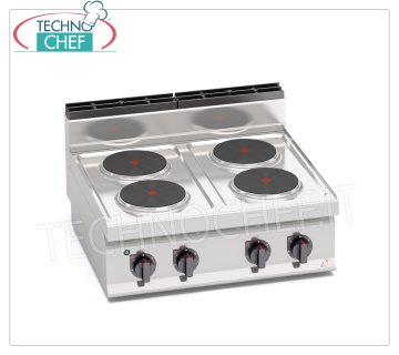 TECHNOCHEF - CUISINIÈRE ÉLECTRIQUE 4 PLAQUES SUPÉRIEURES, Kw.10,4, Mod.E7P4B TOP DE CUISINIÈRE ÉLECTRIQUE À 4 PLAQUES, BERTOS, Ligne MACROS 700, Série HIGH POWER, avec 4 plaques RONDES Ø 220 mm, COMMANDES INDÉPENDANTES, 6 niveaux de puissance, V.400/3+N, Kw.10,4, Poids 41 Kg, dim .mm.800x700x290h