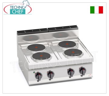 TECHNOCHEF - CUISINIÈRE ÉLECTRIQUE 4 PLAQUES SUPÉRIEURES, Kw.10.4, Mod.E7P4B CUISINIÈRE ÉLECTRIQUE 4 PLAQUES SUPÉRIEURES, BERTOS, ligne MACROS 700, Série HIGH POWER, avec 4 plaques RONDES Ø 220 mm, COMMANDES INDÉPENDANTES, 6 niveaux de puissance, V.400/3+N, Kw.10.4, Poids 41 Kg, dim.mm .800x700x290h