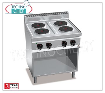 TECHNOCHEF - CUISINIÈRE ÉLECTRIQUE 4 PLAQUES sur ARMOIRE OUVERTE, Kw.10,4, Mod.E7P4M GAMME ÉLECTRIQUE 4 PLAQUES sur ARMOIRE OUVERTE, Ligne BERTOS, MACROS 700, Série HIGH POWER, avec 4 plaques RONDES Ø 220 mm, COMMANDES INDÉPENDANTES, 6 niveaux de puissance, V.400/3+N, Kw.10,4, Poids 59 Kg , dim.mm.800x700x900h
