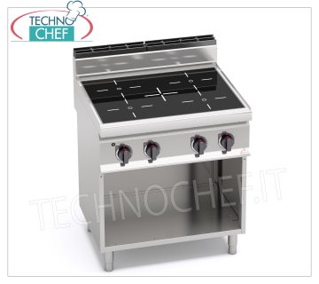 TECHNOCHEF - CUISINIÈRE ÉLECTRIQUE 4 ZONES à INFRAROUGE sur ARMOIRE OUVERTE, Kw.12,8, Mod.E7P4M/VTR GAMME ÉLECTRIQUE 4 ZONES INFRAROUGES sur COMPARTIMENT OUVERT, BERTOS, Ligne MACROS 700, Série INFRAROUGE, avec 4 zones CARRÉES de 230x230 mm, COMMANDES INDÉPENDANTES, V.400/3+N, Kw.12,8, Poids 65 Kg, dim .mm .800x700x900h