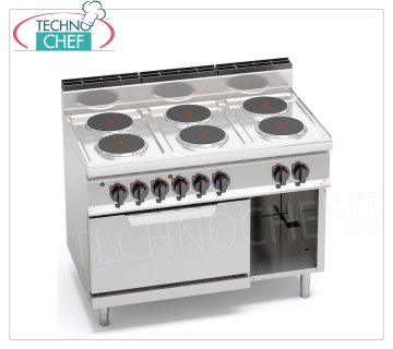 TECHNOCHEF - CUISINIÈRE ÉLECTRIQUE 6 PLAQUES sur FOUR GN 2/1, Kw.23,1, Mod.E7P6+FE GAMME ÉLECTRIQUE 6 PLAQUES sur FOUR ÉLECTRIQUE GN 2/1, Ligne BERTOS, MACROS 700, Série HIGH POWER, avec 6 plaques RONDES Ø 220 mm, COMMANDES INDÉPENDANTES, 6 niveaux de puissance, V.400/3+N, Kw.23, 1 , Poids 129 Kg, dim.mm.1200x700x900h