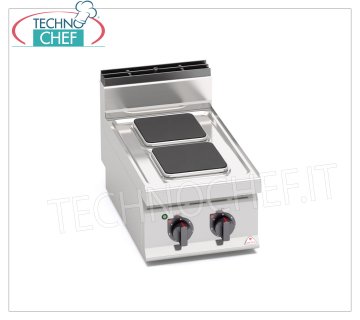 TECHNOCHEF - CUISINIÈRE ÉLECTRIQUE 2 PLAQUES SUPÉRIEURES, Kw.5,2, Mod.E7PQ2B GAMME ÉLECTRIQUE 2 PLAQUES SUPÉRIEURES, Ligne BERTOS, MACROS 700, Série HAUTE PUISSANCE, avec 2 plaques CARRÉES de 220x220 mm, COMMANDES INDÉPENDANTES, 6 niveaux de puissance, V.400/3+N, Kw.5,2, Poids 28 Kg, dim .mm.400x700x290h