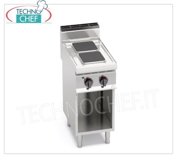 TECHNOCHEF - CUISINIÈRE ÉLECTRIQUE 2 PLAQUES sur ARMOIRE OUVERTE, Kw.5,2, Mod.E7PQ2M GAMME ÉLECTRIQUE À 2 PLAQUES sur ARMOIRE OUVERTE, Ligne BERTOS, MACROS 700, Série HAUTE PUISSANCE, avec 2 plaques CARRÉES de 220x220 mm, COMMANDES INDÉPENDANTES, 6 niveaux de puissance, V.400/3+N, Kw.5,2, Poids 41 Kg , dim.mm.400x700x900h