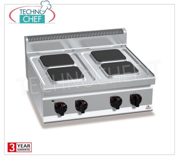 TECHNOCHEF - CUISINIÈRE ÉLECTRIQUE 4 PLAQUES SUPÉRIEURES, Kw.10,4, Mod.E7PQ4B PLAQUE DE CUISSON ÉLECTRIQUE À 4 PLAQUES, BERTOS, Ligne MACROS 700, Série HIGH POWER, avec 4 plaques CARRÉES de 220x220 mm, COMMANDES INDÉPENDANTES, 6 niveaux de puissance, V.400/3+N, Kw.10,4, Poids 49 Kg, dim .mm.800x700x290h