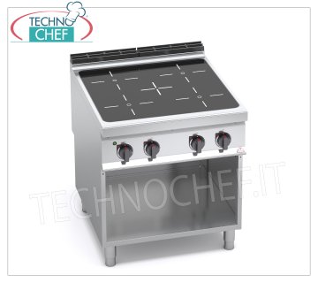 TECHNOCHEF - CUISINIÈRE ÉLECTRIQUE 4 ZONES avec INFRAROUGE sur COMPARTIMENT OUVERT, mod. E9P4MP/magnétoscope GAMME ÉLECTRIQUE 4 ZONES INFRAROUGES sur ARMOIRE OUVERTE, Ligne BERTOS MAXIMA 900, Série INFRAROUGE, avec 4 ZONES CARRÉES de 270x270 mm, COMMANDES INDÉPENDANTES, V.400/3+N, Kw. 16.00, Poids 72 Kg, dim.mm.800x900x900h