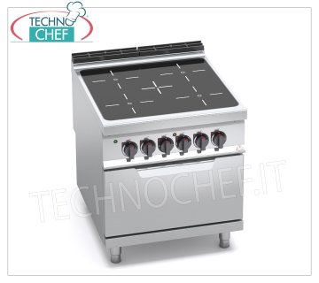 TECHNOCHEF - CUISINIÈRE ÉLECTRIQUE INFRAROUGE 4 ZONES sur FOUR GN 2/1, mod. E9P4P/VTR+FE CUISINIÈRE ÉLECTRIQUE 4 ZONES INFRAROUGES sur FOUR ÉLECTRIQUE GN 2/1, ligne BERTOS MAXIMA 900, Série INFRAROUGE, avec 4 ZONES CARRÉES de 270x270 mm, COMMANDES INDÉPENDANTES, V.400/3+N, Tot. Kw.23,5, Poids 118 Kg, dim.mm.800x900x900h