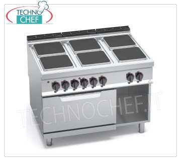 TECHNOCHEF - CUISINIÈRE ÉLECTRIQUE 6 PLAQUES sur FOUR ÉLECTRIQUE GN 2/1, mod. E9PQ6+FE CUISINIÈRE ÉLECTRIQUE 6 PLAQUES sur FOUR ÉLECTRIQUE GN 2/1, Ligne BERTOS MAXIMA 900, Série HIGH POWER, avec 6 plaques CARRÉES de 300x300 mm, COMMANDES INDÉPENDANTES, 6 niveaux de puissance, V.400/3+N, Tot. Kw 28, 5 , Poids 189 Kg, dim.mm.1200x900x900h