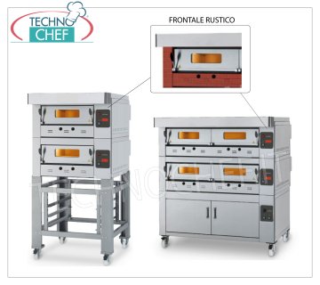 Four à pizza modulaire à gaz, ligne ECO GAS, chambre avec dessus réfractaire pour 12 pizzas Four à pizza MODULAIRE à gaz, pour 12 pizzas, version avec FAÇADE RUSTIQUE, CHAMBRE 1230x930x150h mm avec PLAT RÉFRACTAIRE, puissance thermique 24000 Kcal/h, Poids 240 Kg, dimensions extérieures 1600x1420x520h mm
