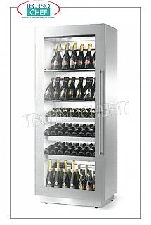 Frigor for Wines 1 porte vitrée, capacité de 96 à 162 bouteilles, température + 4 ° / + 18 ° C FRIGOR POUR VINS, 1 porte vitrée, version avec 2 ÉTAGÈRES TUBULAIRES pour BOUTEILLES INCLINÉES + 3 ÉTAGÈRES EN TIROIR EN BOIS pour BOUTEILLES HORIZONTALES, temp. + 4 + 18 ° C, REFRIGERATION VENTILÉE, 96 bouteilles, V.230 / 1 , Kw.0.19, Poids 150 Kg, dim.mm.820x500x19