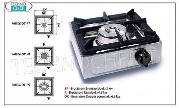 cuisinière à gaz professionnelle, 1 brûleur CUISINIÈRE À GAZ DE TABLE avec 1 BRÛLEUR PROFESSIONNEL EN ACIER INOXYDABLE, fonctionnant au gaz universel, dimensions 350x350x170h mm, réalisée en 3 VERSIONS avec PUISSANCE THERMIQUE de 3 à 6,5 kw, GAMME COMPLÈTE