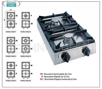 cuisinière à gaz de table professionnelle, 2 feux CUISINIÈRE À GAZ DE TABLE avec 2 BRÛLEURS PROFESSIONNELS EN ACIER INOXYDABLE, fonctionnant au gaz universel, dimensions 350x660x170h mm, réalisée en 6 VERSIONS avec PUISSANCE THERMIQUE de 6 à 13 kw, GAMME COMPLÈTE