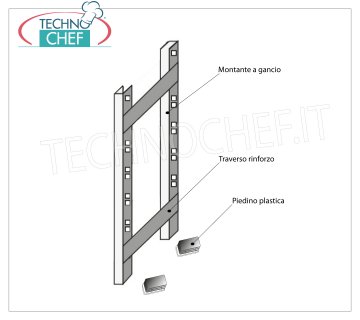 TECHNOCHEF - Étagère latérale pour étagères à crochets en acier inoxydable, Mod.97150 + 97003 + 97007 Tablette-Tablette pour tablettes avec crochet Acier inoxydable 304 brillant, épaisseur 20/10, composé de 2 montants, 2 traverses et pieds en plastique, pour tablettes de 30 cm de profondeur, dim.mm.300x25x1500h