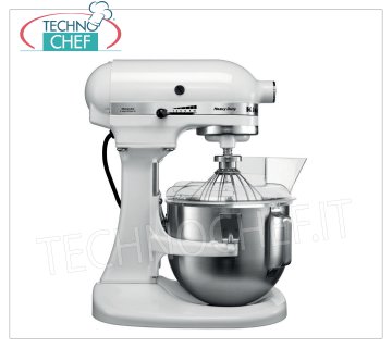 KITCHENAID - Mélangeur planétaire semi-professionnel, bol de 4,8 litres - Robot culinaire HEAVY DUTY, Blanc, Mod.K5 Mélangeur planétaire KITCHENAID, ligne semi-professionnelle HEAVY DUTY, coloris BLANC, avec bol amovible de 4,83 litres, V 230/1, kW 0,315, poids 12,5 Kg, dim. mm 390x290x420h