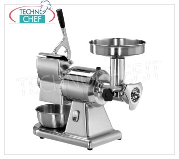 FIMAR - Technochef, Hachoir-Râpe à Viande ''Type 12'', Professionnel, Mod.12/T Combiné Hachoir/Râpe à Viande Type 12, en aluminium poli, bloc hachoir à viande inox amovible, PRODUCTION HORAIRE : HACHOIR À VIANDE 160 kg/h, RÂPE 40 kg/h, V 380/3, Kw 0,75, dim. mm 590x290x510h