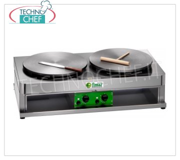 Technochef - Crêpière à gaz professionnelle, 2 plaques en fonte Ø 400 mm, Mod.CRP400G2 TABLE DE GAZ CREPE avec 2 PLAQUES DE CUISSON EN FONTE ET SURFACE MULTI-LIGNE ANTIDÉRAPANTE, DIAMÈTRE 400 MM, contrôle thermostatique de la température de cuisson, puissance thermique Kw. 3,6 + 3,6, poids 46 Kg, dimensions extérieures mm.900x480x270h