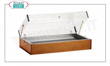 bois Chariots de service Glacière d'affichage avec la noix de couleur structure en bois, équipée de huit récipients eutectiques, bain et une grille en acier inoxydable, dôme en plexiglas, dim.mm.900x485x230h