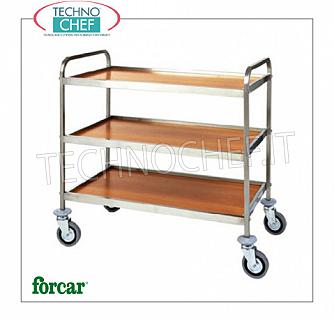 Chariots de service INOX avec 3 ÉTAGÈRES MÉLAMINE, capacité 120 Kg Chariot de service en acier inoxydable, marque FORCAR, avec 3 étagères en mélaminé NOYER ou WENGE 'et cadre périmétrique en acier inoxydable, GAMME COMPLÈTE
